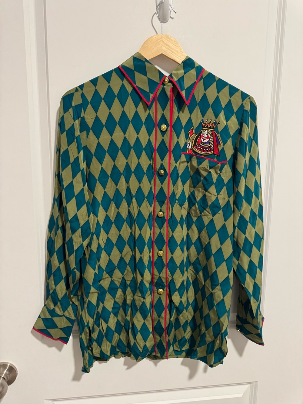 Vintage Bob Mackie Wearable Art Teal & Green Diamond-Pattern Button Down Shirt